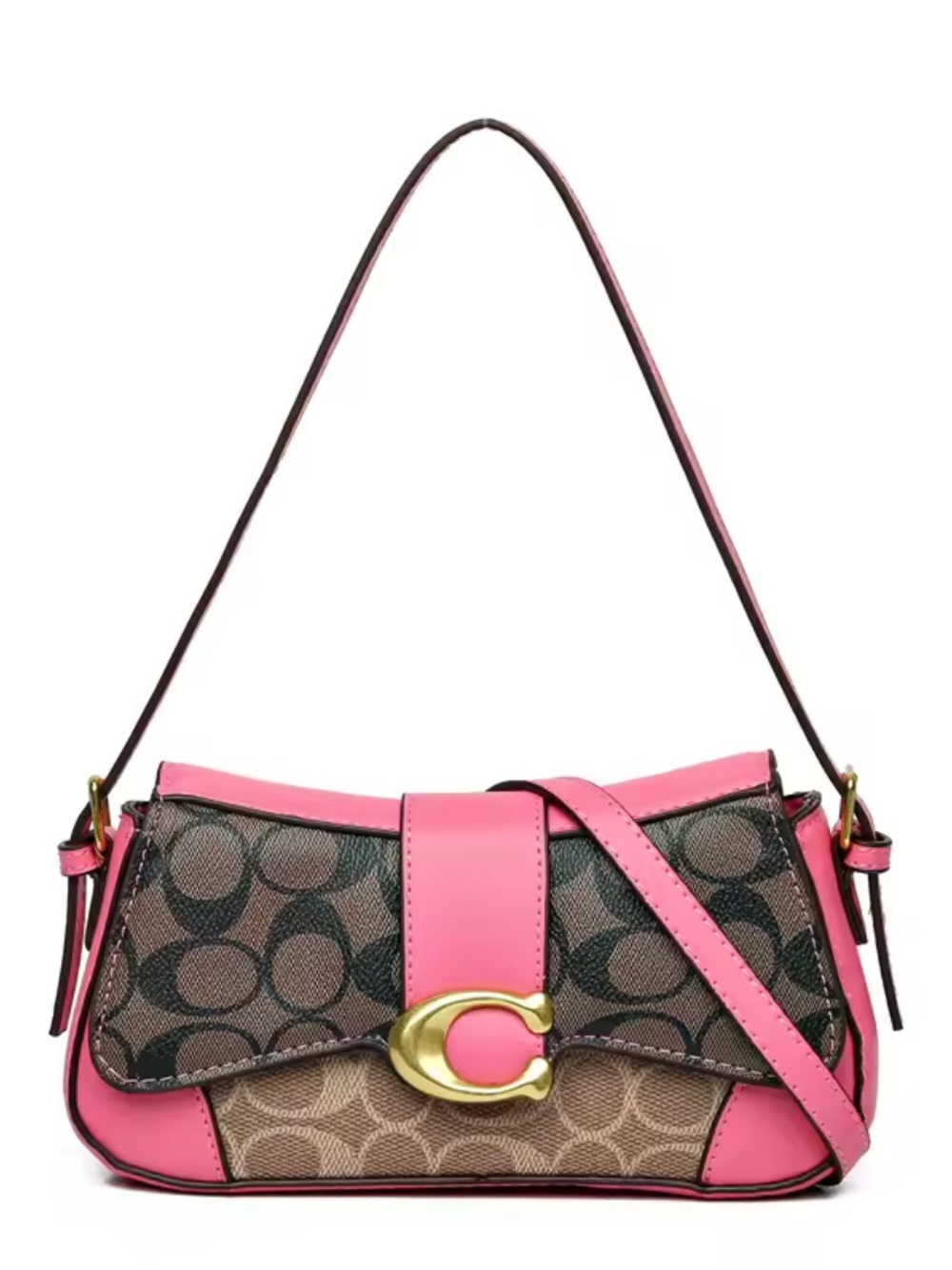 Designer inspired Brown Signature Canvas Shoulder Bag with Pink Trim